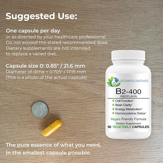 B2-400 Pure Riboflavin - Nervous System Health Homocysteine Detox Cardiovascular Helps Boost Energy Mental Clarity Metabolism and Cell Function (60 Unflavored)