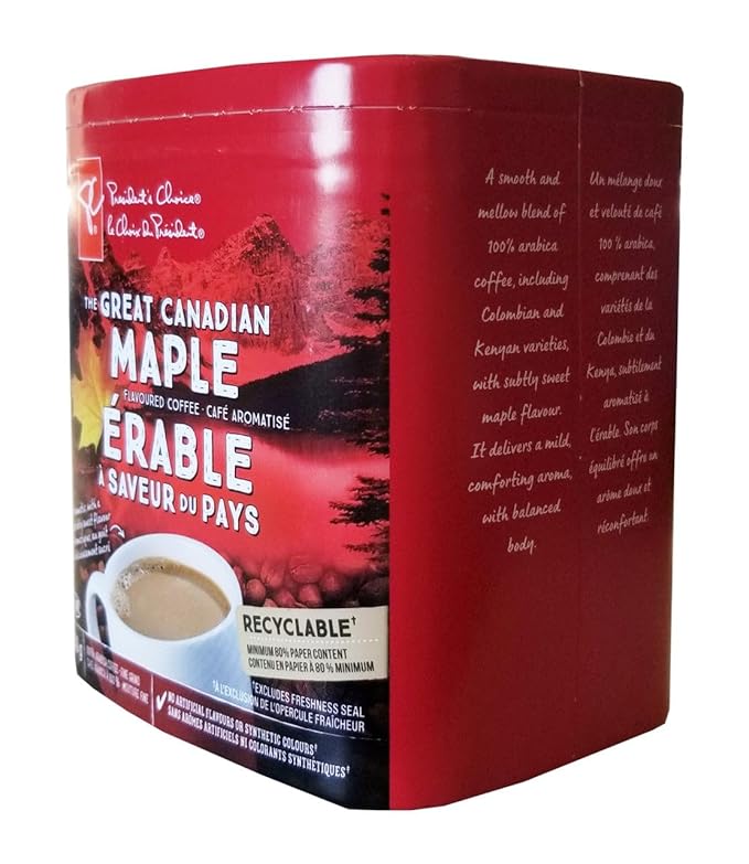 President's Choice The Great Canadian Maple Flavored Coffee 250g/8.75 oz. Box (Medium Light Roast Ground Maple 100% Arabica Imported from Canada)