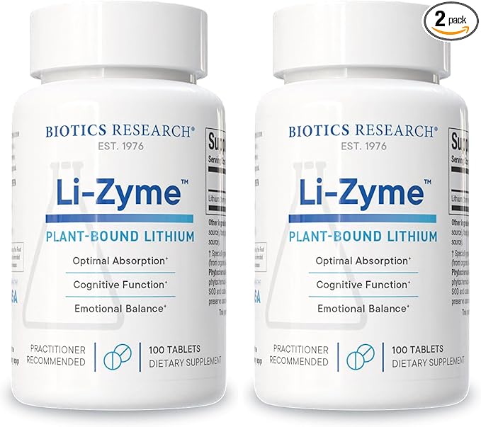 Biotics Research Li Zyme 50 micrograms Lithium as a Whole Food phytochemically Bound Lithium Highly bioavailable Supports Brain Function Memory and Mood Support 100 Tablets (Pack of 2)