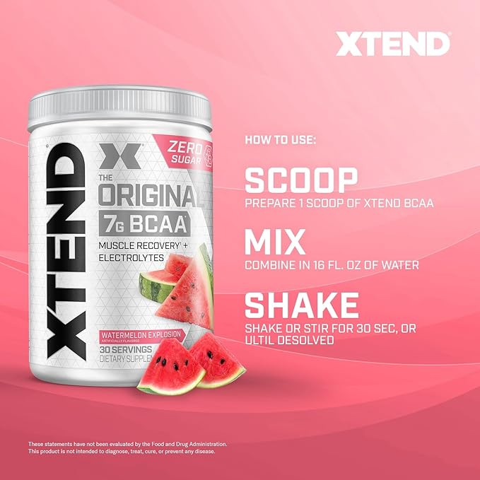 Xtend Original BCAA Powder 7g BCAAs and 2.5g L-Glutamine for Muscle Recovery Hydration and Lean Muscle Sugar Free Intra and Post Workout Drink with Electrolytes Watermelon Explosion 30 Servings