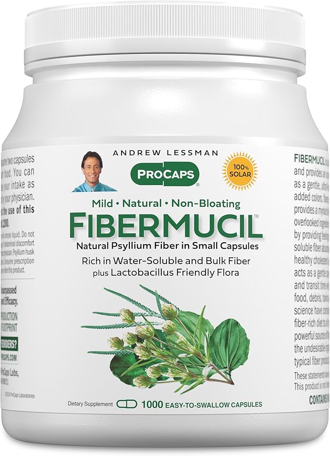 ANDREW LESSMAN Fibermucil 1000 Capsules -Psyllium Husk Powder. Gently Promotes Regularity and Digestive Health. Rich in Fiber. Gentle Easy Effective. No Additives. Small Easy to Swallow Capsules