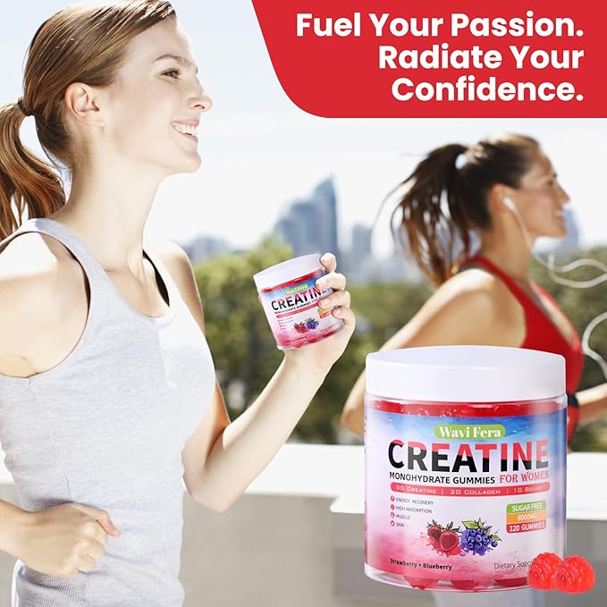 Creatine for WomenCreatine Monohydrate Gummies with Collagen+ BCAAs+Hyaluronic Acid+VitaminsC and b12Sugar FreeVeganSupplement for MuscleSkin Hair &amp Nail Support Mixed berry120 Counts