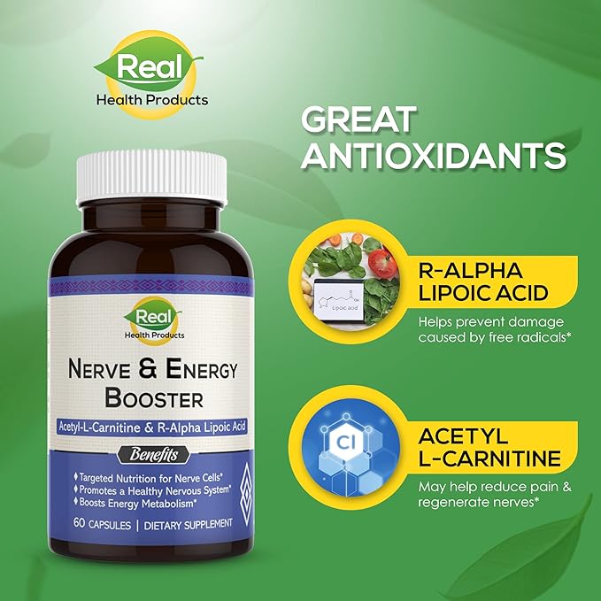 ALA Supplement - R-Alpha Lipoic Acid 300mg &amp Acetyl L-carnitine 1000mg - Nerve &amp Energy Booster for Nerve Cardiovascular Cognitive Function &amp Antioxidant Support 60 Capsules 30 Days Su