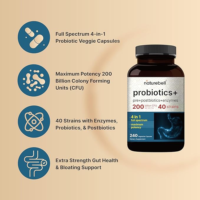 NatureBell Probiotic 200 Billion CFU – 40 Strains Per Serving | 240 Veggie Capsules with Prebiotics and Probiotics – Full Spectrum Complex with Enzymes – Daily Probiotics for Women &amp Men