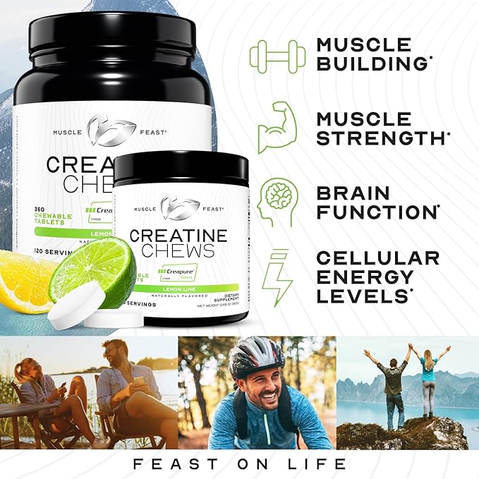 Muscle Feast Creatine Monohydrate Chewables - Vegan &amp Gluten-Free Creapure Creatine Chews for Men &amp Women - Delicious Citrus-Flavored Creatine Tablets for Muscle Building - Lemon Lime 120 Tab