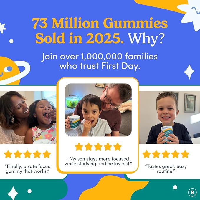 FIRST DAY Kids Focus &amp Brain Supplement Gummies Ages 4+ | Attention &amp Calm Support with Cognizin® Citicoline &amp Phosphatidylserine | Organic Vegan | 30-Day Supply