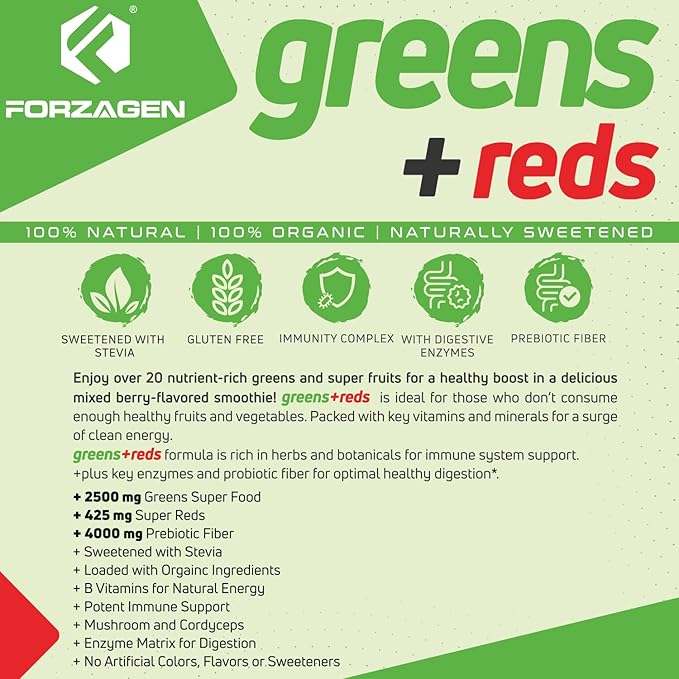 Forzagen Vegan Greens &amp Reds Superfood Powder - Organic Super Greens Powder | Premium Veggie Powder Supplement | 35 Servings Reds and Greens Superfood Powder