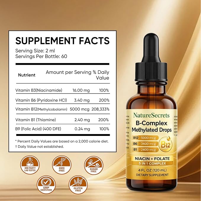 NATURESECRETS B-Complex Methylated Drops B12 B6 B1 Sublingual Vitamin B Complex Energy &amp Nervous System Support Raspberry Flavor 4 fl oz