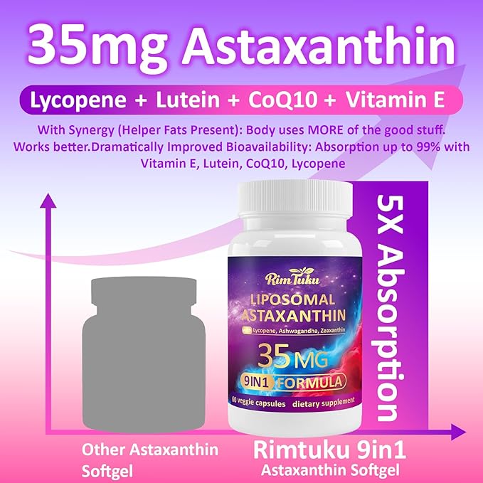 Liposomal Astaxanthin Supplement Complex 9-in-1 with Ashwagandha Lycopene Zeaxanthin Antioxidant Supplement Support Eye Skin &amp Joint Health 180 Capsules