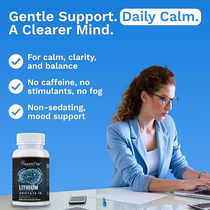 Lithium Orotate 10mg with Magnesium Taurate and l tryptophan for Essential Trace Mineral Brain Healthm*oo*d* Support and Immunity|60 Days Supply|Made in USA