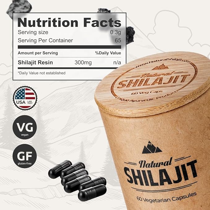NATURAL SHILAJIT Capsules (2 Months Supply) - 60 Count - Shilajit for Men &amp Women with Fulvic Acid &amp Trace Minerals Plant Based Nutrients for Energy Immune Support &amp Vitality