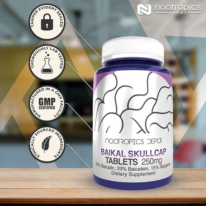 Nootropics Depot Baikal Skullcap Extract Tablets | 250mg | 120 Count | &gt15% Apigenin &gt20% Baicalein &gt50% Baicalin