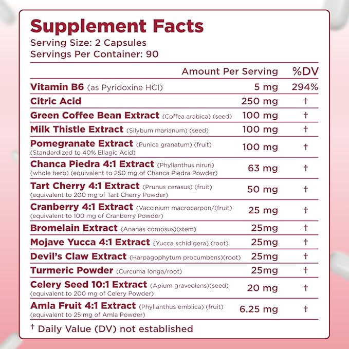 Herbal Uric Acid Support Formula - Kidney &amp Uric Acid Cleanse &amp Detox with Chanca Piedra Tart Cherry Celery Seed Bromelain &amp Cranberry Extract - Made in a GMP Certified Facility (90 Servin