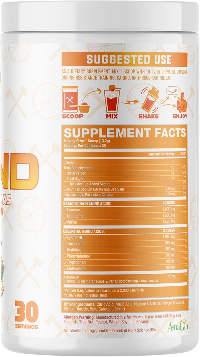 Axe &amp Sledge The Grind Essential Amino Acids |EAA &amp BCAA Powder |Muscle Recovery &amp Electrolytes for Hydration | Stimulant-Free Vegan | 30 Servings Orange Sherbet