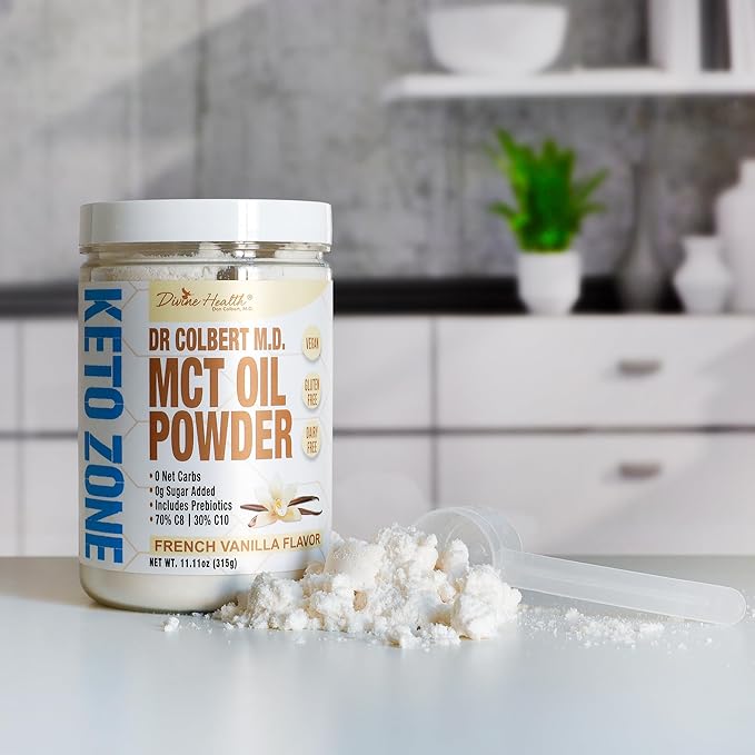 Dr. Colbert MD MCT Oil Powder | French Vanilla Flavor | by Divine Health | Keto Zone | 70% C8 | 30% C10 | 0 Net Carbs | Gluten Free | 30 Day Supply | 315g