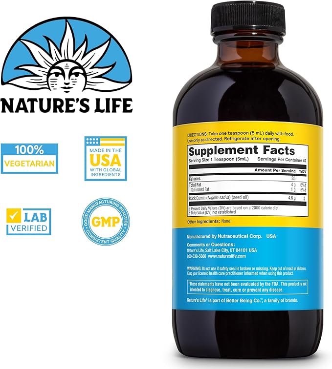 Nature’s Life Black Seed Oil Cold-Pressed Black Cumin Seed Oil - Joint Digestive Health and Immune Support - Lab Verified 60-Day Money-Back Guarantee - 47 Servings 8 Fl. Oz.