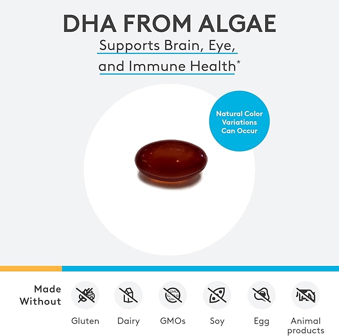 XYMOGEN DHA from Algae - Vegan Omega-3 DHA Supplement - Brain Eye &amp Immune Support - Plant-Based Omega Nutrition - Non-Fish Source - 60 Softgels