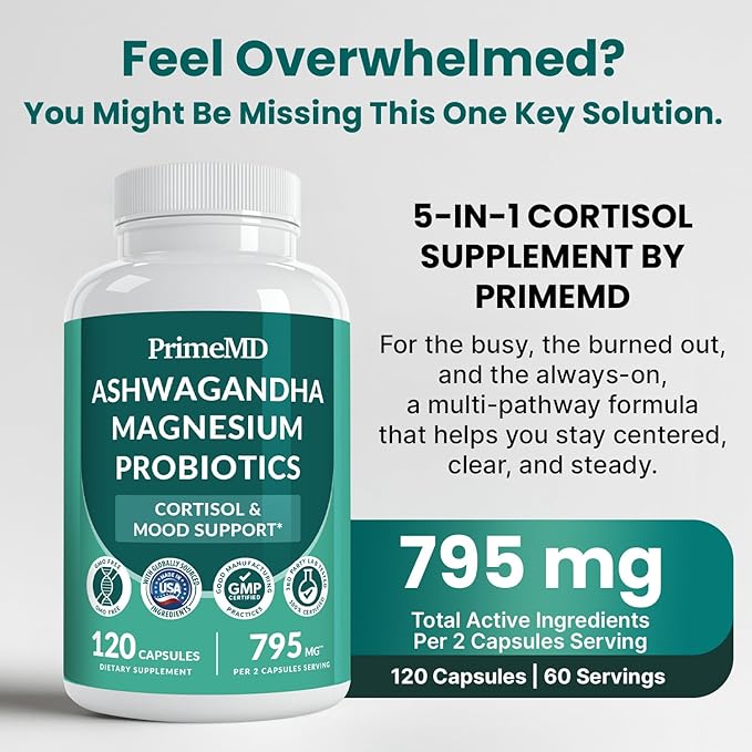 5-in-1 Cortisol Supplement for Women and Men with Ashwagandha for Calmness Focus and Adrenal Support Supplements with Shilajit Extract Magnesium Glycinate Probiotics (120 ct) (Pack of 2)