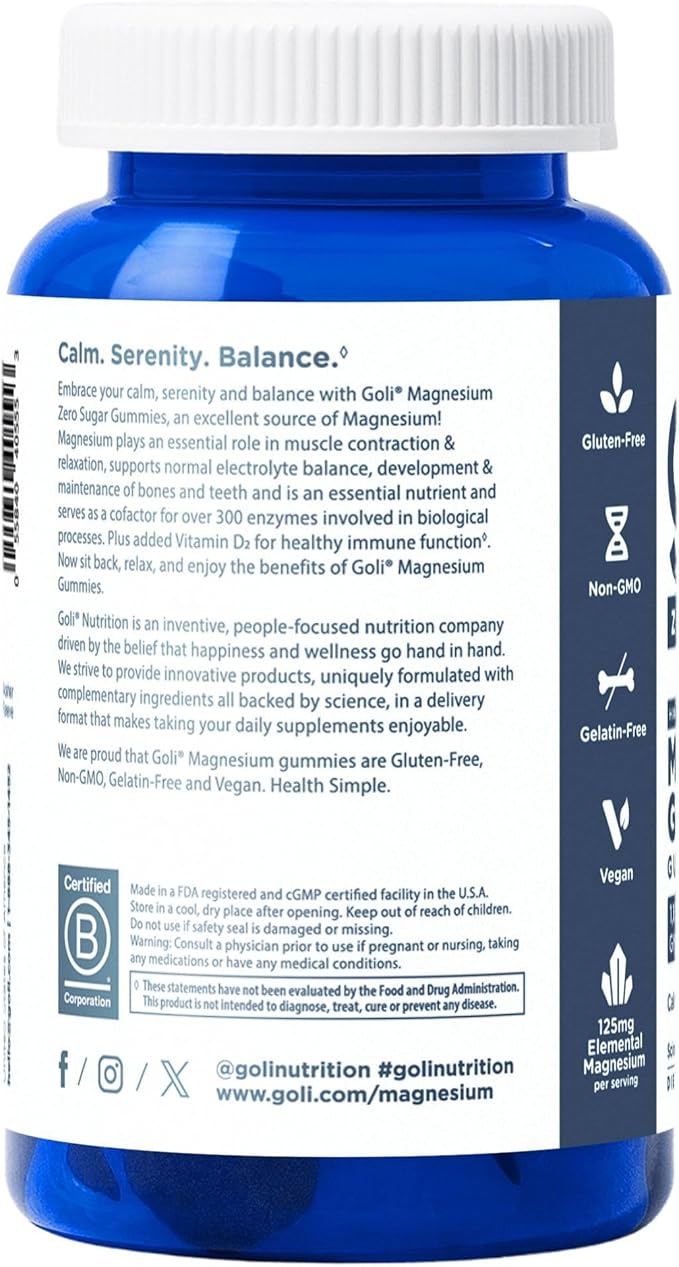 Goli Zero Sugar Magnesium Gummies - 125mg Magnesium Citrate with Vitamin D 60 Count Each (3 Pack 180 Total) - No Artificial Sweeteners No Sugar Alcohols - Vegan Keto-Friendly Gluten-Free
