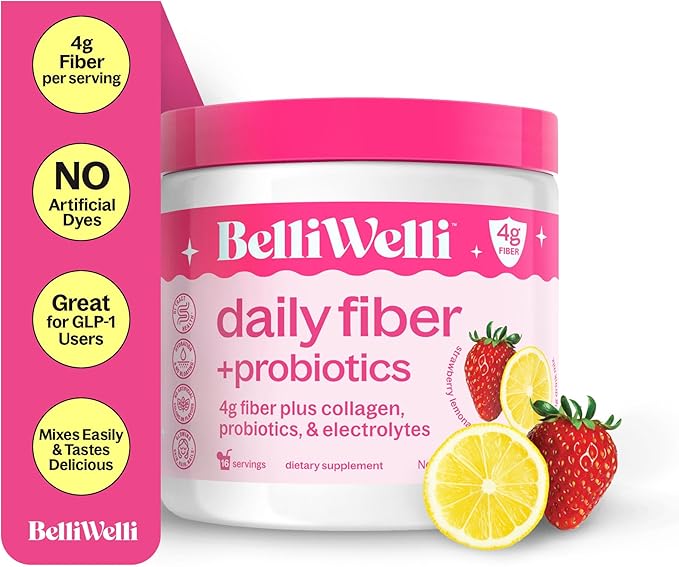 Belli Welli Daily Fiber Supplement Bundle with Collagen Probiotics &amp Electrolytes – Strawberry Lemonade &amp Wild Berry Flavors – Supports Digestion Gut Balance &amp Debloating – 32 Servings