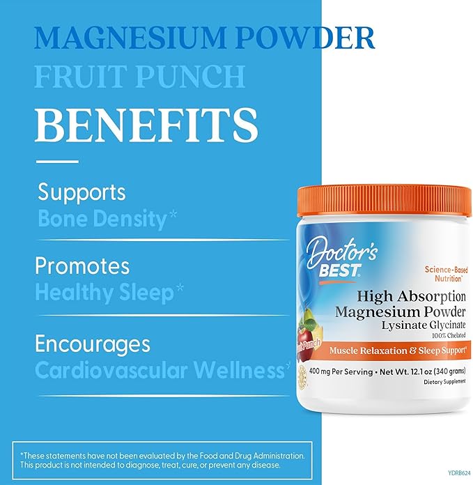 Doctors Best High Absorption Magnesium Powder Lysinate Glycinate 100% Chelated Muscle Relaxation &amp Sleep Support Gluten Free Vegan 100% Chelated Net Wt. 12.1 oz (340 Grams) Fruit Punch Flavor