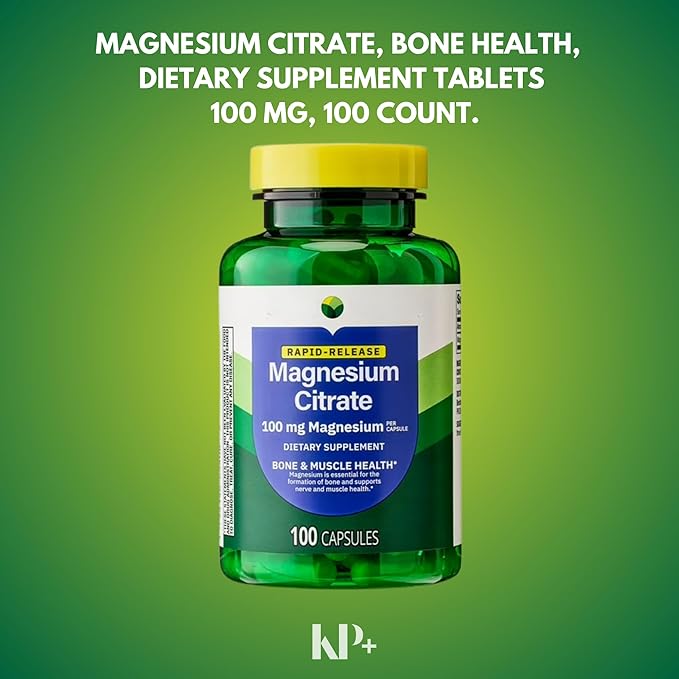 KP+ Magnesium | Magnesium Citrate 100 mg | Bone &amp Muscle Health Support | Rapid-Release Capsules | 100 Count | Dietary Supplement | Pack of 1