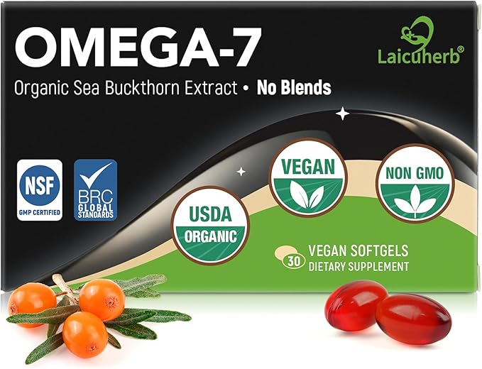 Organic Omega 7 Sea Buckthorn Oil Capsules - Omega 7 3-6-9 Supplements for Skin Eye Hair &amp Nail Health Hydration &amp Wellness SupportUSDA-Certified 30 Softgels Travel-Friendly