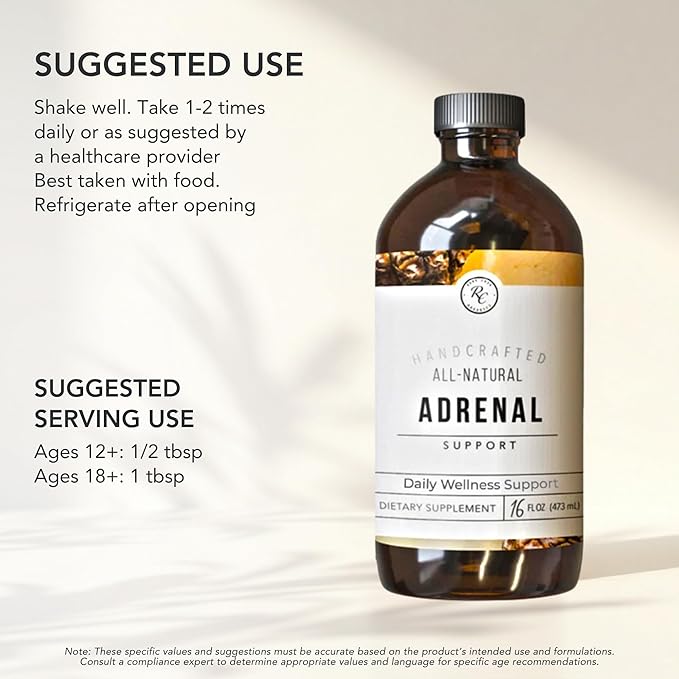 Rowe Casa Organics Adrenal Support Supplements for Daily Balance &amp Vitality – Liquid Drops with Organic Botanical Herbs – Unflavored Formula for Adults &amp Ages 12 &amp Up 16 Fl. Oz.