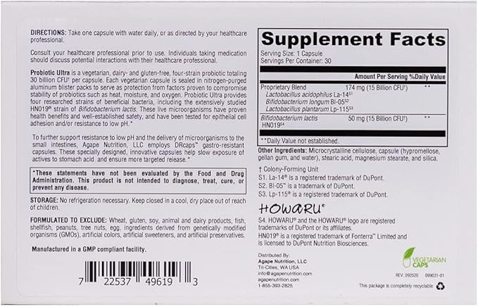 Probiotic Ultra Dietary Supplements - Helps Maintain a Healthy Intestinal Microecology 30 Capsules