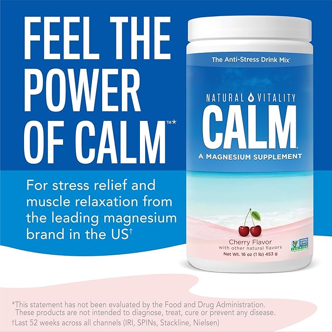 Natural Vitality Calm Magnesium Supplement Anti-Stress Drink Mix Powder Gluten Free Vegan &amp Non-GMO Cherry 8 oz
