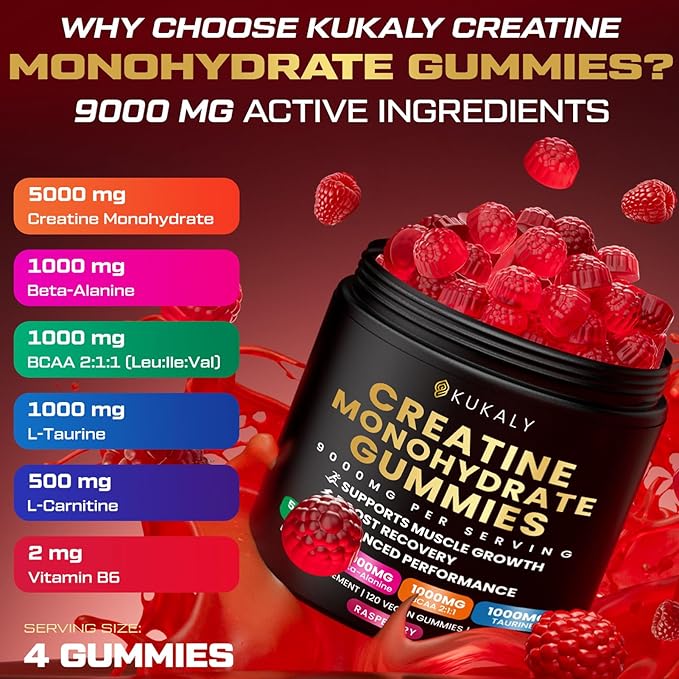 Creatine Monohydrate Gummies for Men &amp Women 9000MG Creatine Gummies Sugar Free with L-Taurine BCAA 2:1 B12 B6 for Boost Strength Focus &amp Endurance Vegan Non-GMO Raspberry 120pcs