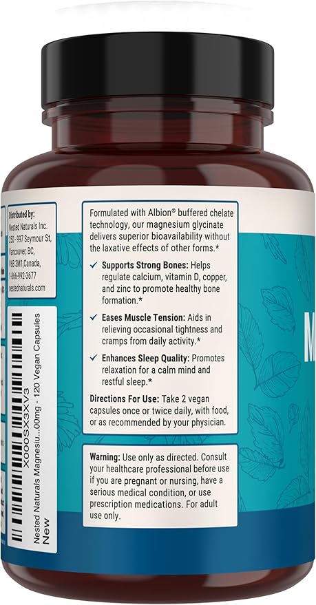 Nested Naturals Magnesium Glycinate Chelate - 200mg Chelated Magnesium Supplement for Muscle Cramps Relaxation &amp Sleep Support - 100% Albion TRACCS Buffered Magnesium Glycinate - 240 Vegan Capsu