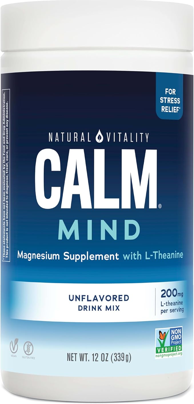 Natural Vitality Calm Mind Magnesium Citrate + L-Theanine Powder Supplement for Stress Relief Gluten Free &amp Vegetarian Unflavored 12 oz.