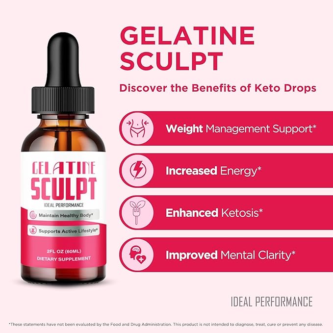 Gelatine Sculpt Drops Official Gelatine Sculpt Supplement Dropper All Natural Keto Liquid Droppers Advanced Formula Sustain Active Lifestyle &amp Fitness Goals GelatineSculpt Reviews (1 Pack)
