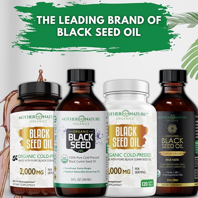 Mother Nature USDA Organic Black Seed Oil High TQ 2% Cold Pressed Unrefined Nigella Sativa Omega 3 6 9 for Immune Joint &amp Heart Support Hair &amp Skin Non-GMO Glass Bottle (8oz)