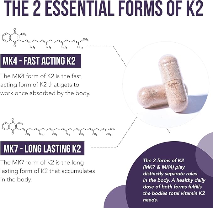 Total K2® | Vitamin K2 as MK7 &amp MK4 | Plus K1 &amp Vitamin D3 Cofactor - 620 mcg K2 per Serving - All-Trans MK7 from MenaQ7® - Full-Spectrum Vitamin K - Vegan Organic Certified (60 Capsules)