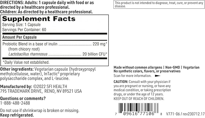 Klaire Labs SFI Health Ther-Biotic Factor 1 Probiotic - Lactobacillus Rhamnosus Single Strain - 20 Billion CFU - Gut &amp Immune Support L Rhamnosus Probiotics - Hypoallergenic (60 Capsules 2 Pack)