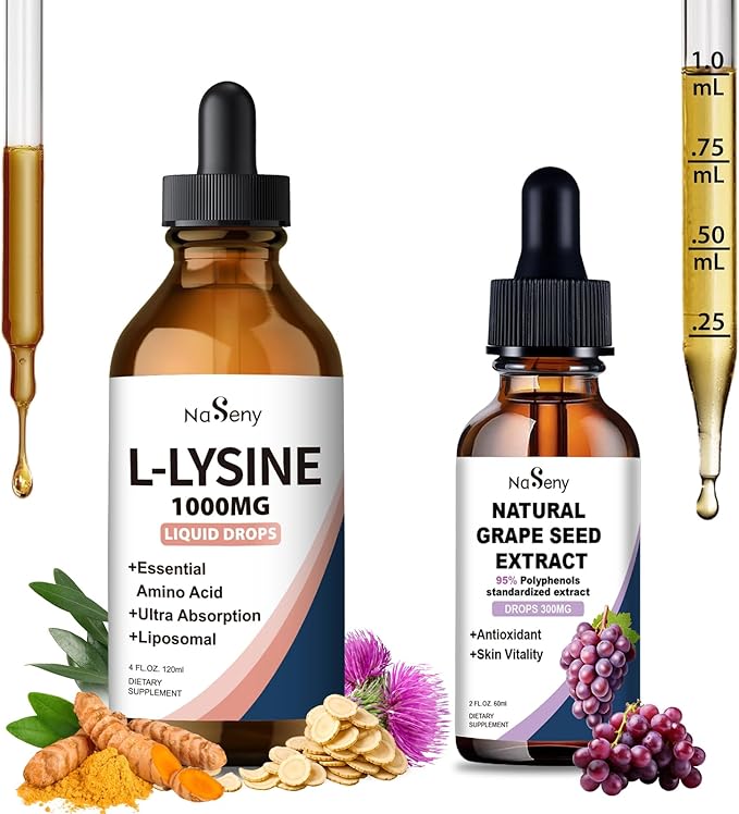 L-Lysine 1000mg Liquid Drops L-Lysine Supplement for Essential Amino Acid Supplement for Lips &amp Oral Health &amp Collagen Formation Support Natural Grape Seed Extract Drops-300 mg Grape Seed Ex