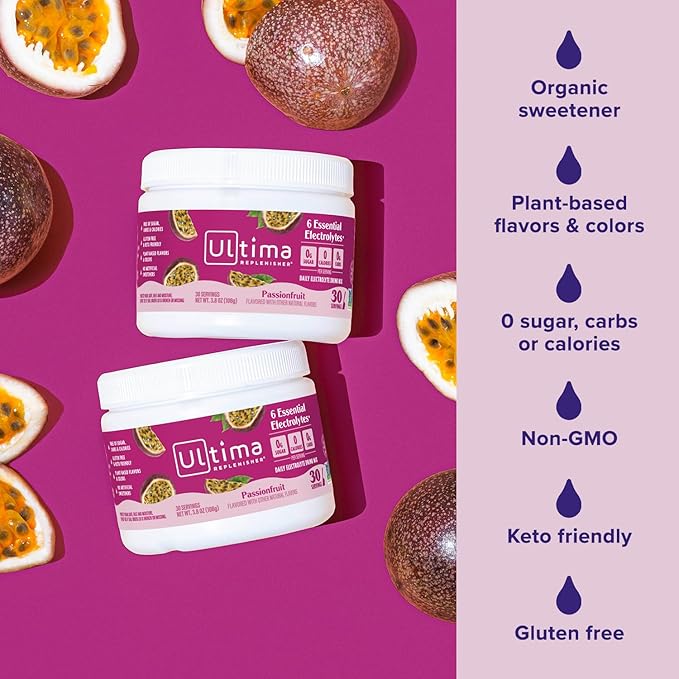 Ultima Replenisher Daily Electrolyte Powder Drink Mix – Sugar Free – Passionfruit 30 Servings – Hydration Powder with 6 Key Electrolytes and Trace Minerals – Keto Friendly Non-GMO