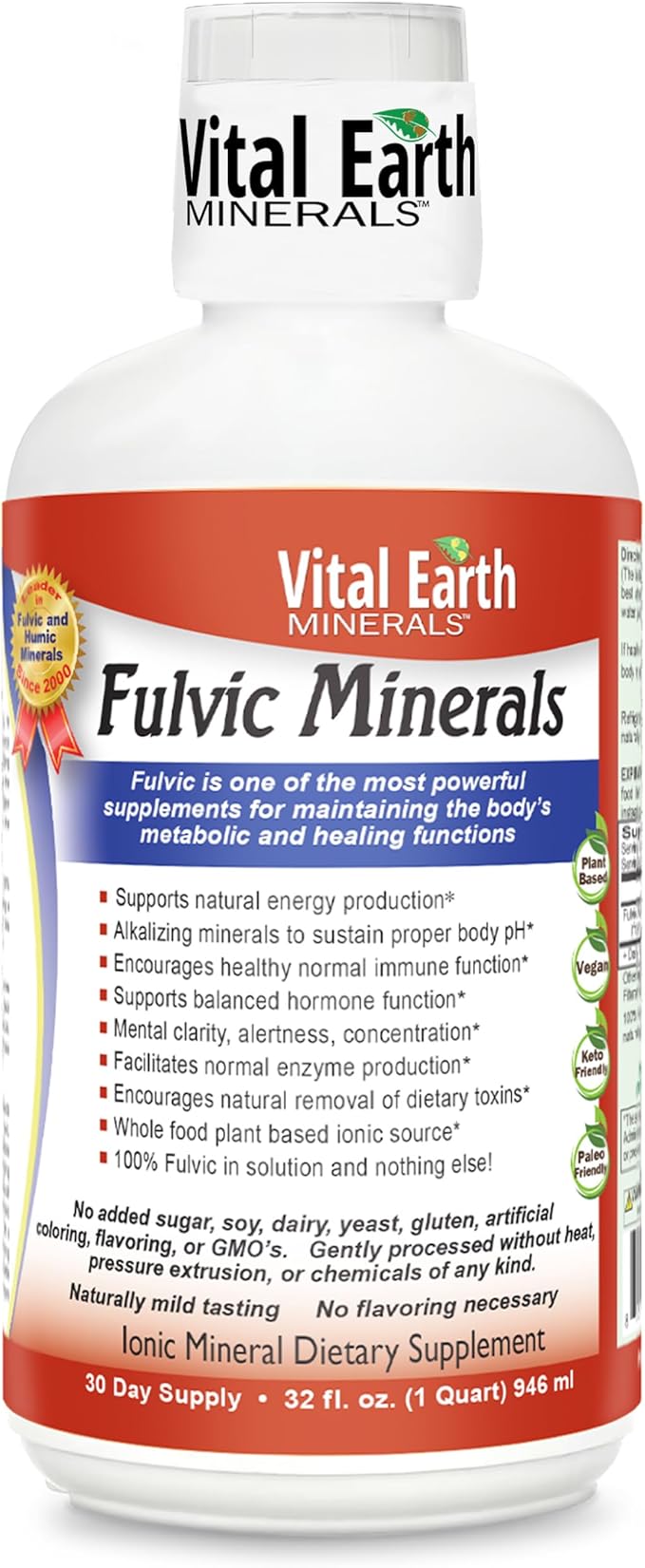 Vital Earth Minerals Fulvic Minerals Liquid – Fulvic Acid Supplement with 70+ Trace Minerals Electrolytes for Energy &amp Vitality 32 Oz + 1 Oz Cup