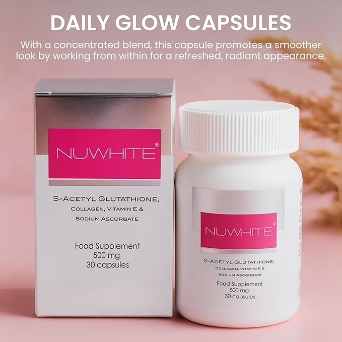Nu White S-Acetyl Glutathione 30 Capsules – New Improved Formula for Radiant Even-Toned Skin | Premium Supplement for Daily Wellness &amp Glow