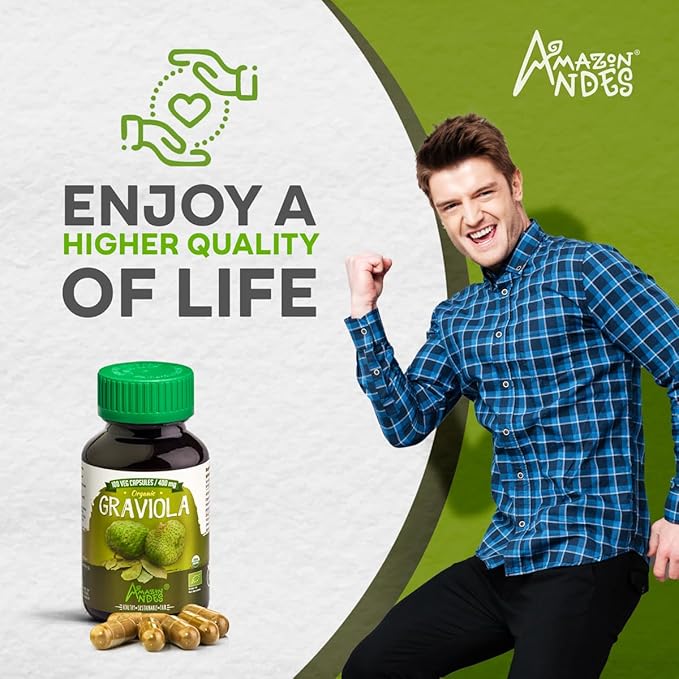 Amazon Andes Organic Graviola Soursop Leaf Capsules 400mg - USDA Certified Annona Muricata from Peruvian Amazon Rainforest - 100 Vegetarian Caps - Guanabana Brazilian Paw Paw Non-GMO