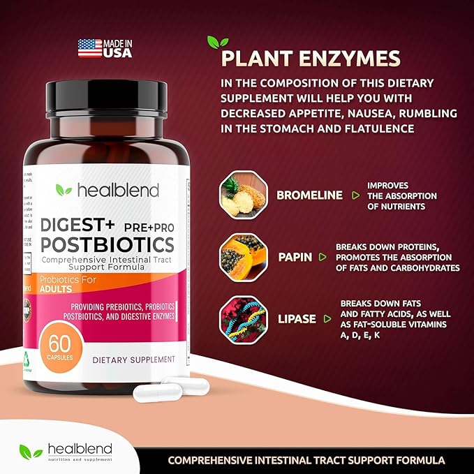 Digest + Postbiotics Supplement for Women and Men Multi Enzymes Organic Prebiotic &amp Probiotic for Digestive Health with Bromeline Papin and Lipase Non-GMO Gluten-Free 60 Vegetarian Caps (3)
