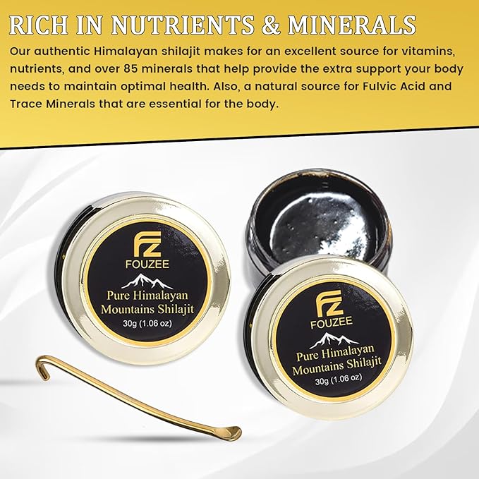 FOUZEE Pure Himalayan Mountains Shilajit - 77% + Fulvic Acid Authentic Hard Consistency Natural Source of Fulvic Acid Over 85 Trace Minerals Includes Stainless Steel Spoon (30 Grams)