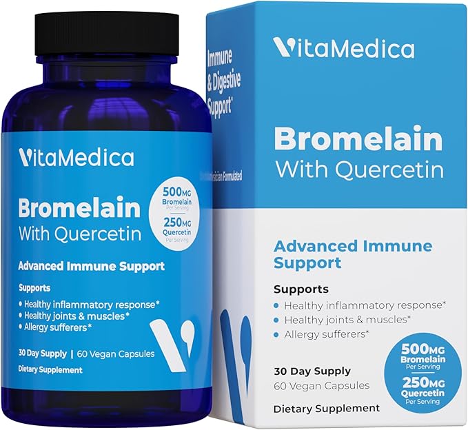 VitaMedica Bromelain &amp Quercetin Supplement - 500mg Bromelain 250mg Quercetin - 2400 GDU for Immunity Joint Support Inflammation and Muscle Recovery - 60 Vegan Capsules - 30 Servings