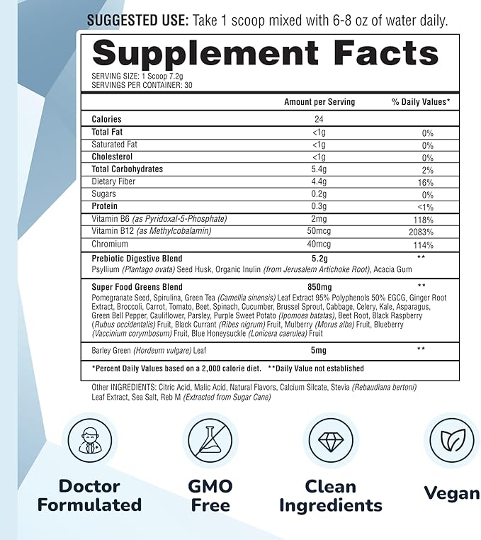 Soluble Fiber Greens Powder with 30 Superfoods Probiotics &amp Prebiotic Fiber Supplement for Women &amp Men - Support Digestion Regulate Blood Sugar &amp Promote Daily Energy - Made in USA - 30