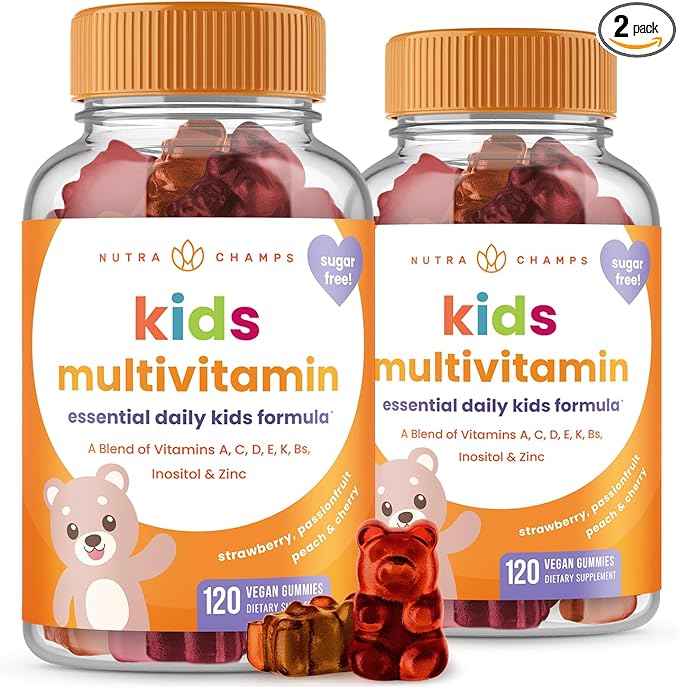 NutraChamps 120 Gummy Vitamins for Kids (Pack of 2) Sugar Free Kids Vitamins Gummy Multivitamin Vegan &amp Non-GMO Strawberry Passionfruit Peach &amp Cherry