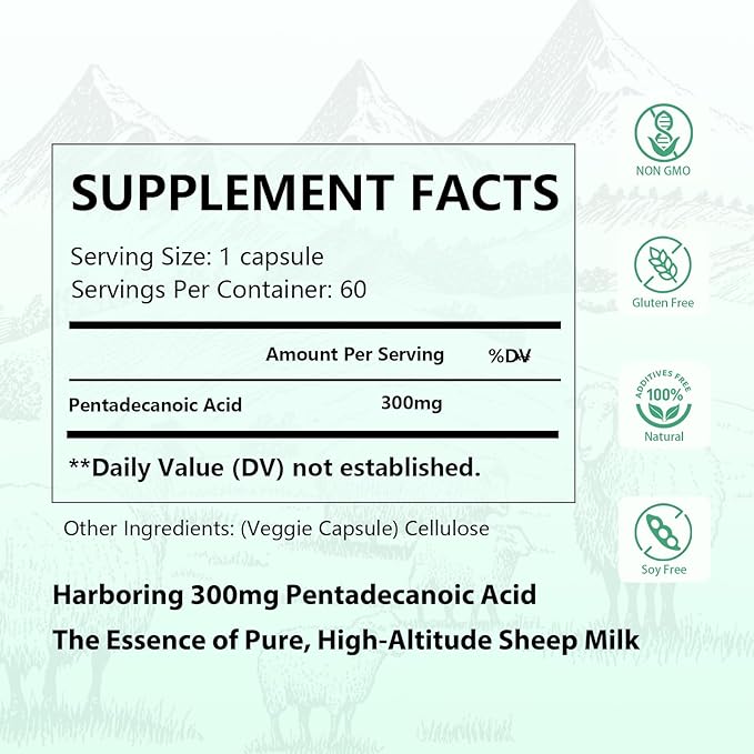 2PCS Pentadecanoic Acid Pentadecanoic Acid Formula Supplement Sourced from High-Altitude Sheep Milk 60 Capsules
