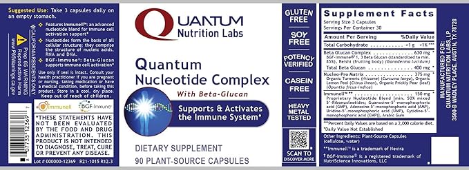 Quantum Nutrition Labs Quantum Nucleotide Complex - Beta Glucan Immune Support Supplement with Yeast Nucleotides &amp Reishi 400 mg 13 Beta-Glucan Per Serving - 90 Vegetarian Capsules