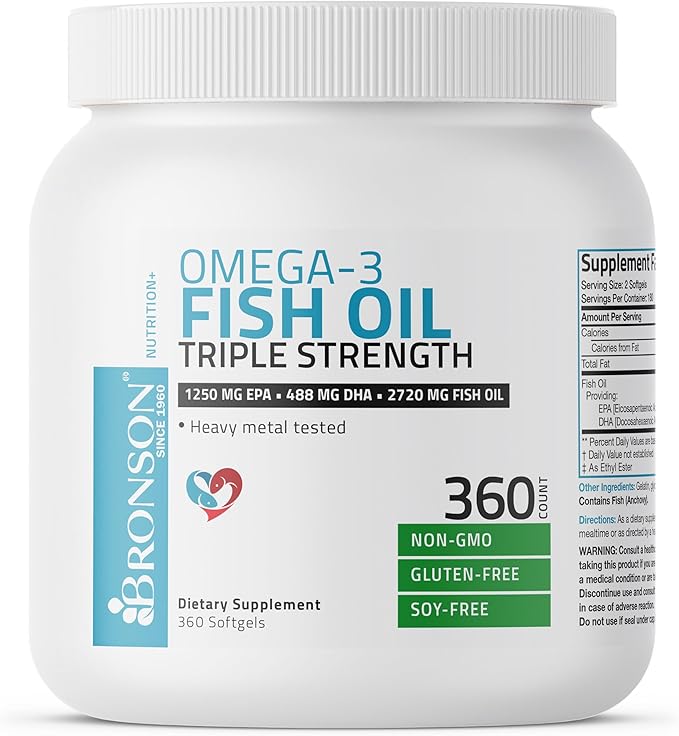 Bronson Omega 3 Fish Oil Triple Strength 2720 mg High EPA 1250 mg DHA 488 mg Non-GMO Heavy Metal Tested 360 Softgels